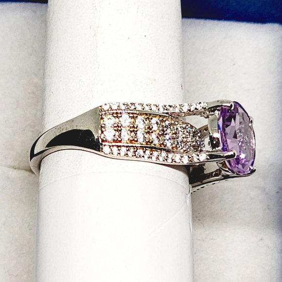 AAA Rose De France Amethyst & Zircon bridge ring in Plat/925SS 3.25 tcw size 8 - Picture 5 of 6